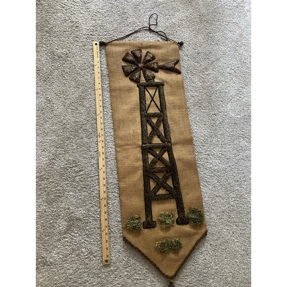 Vintage Windmill Burlap Wall Hanging Textile Wall Art 40 Inch Farmcore Farmhouse - Picture 5 of 6